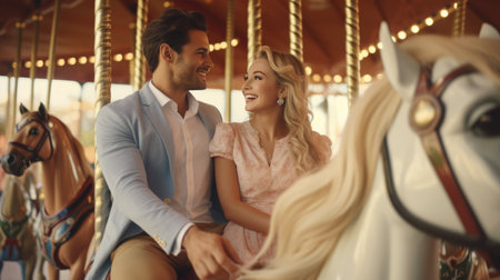 A joyful couple creates lasting memories on a vibrant carousel at the amusement park, surrounded by colorful lights and cheerful music, filling the air with happiness and laughter.の素材