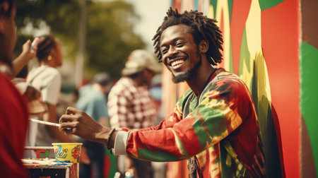 Happy male artist painting a colorful mural on a wall with a paintbrush in hand. Celebrating Juneteenth Freedom and African liberation day. Black life matters. Black history month.の素材