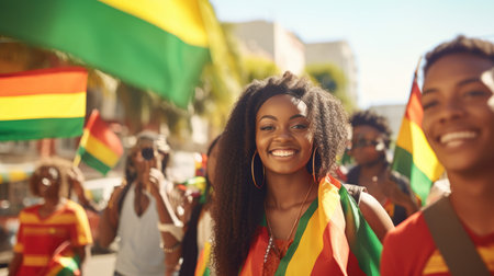 Happy Beautiful African American Woman with red, green and yellow flag symbolizing Juneteenth Freedom and African liberation day. Black life matters. Black history month.の素材