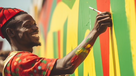 Happy male artist painting a colorful mural on a wall with a paintbrush in hand. Celebrating Juneteenth Freedom and African liberation day. Black life matters. Black history month.の素材