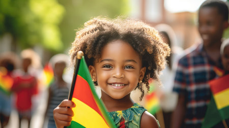 Happy African American Children holding red, green and yellow flag symbolizing Juneteenth Freedom and African liberation day. Black life matters. Black history month.の素材
