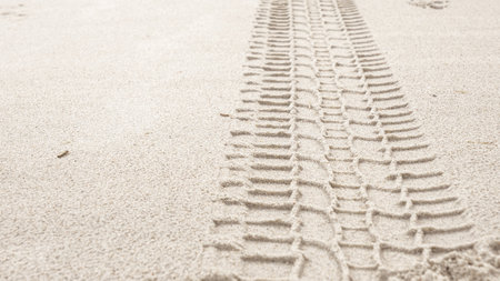 Close-up view of a detailed tire track left by a large vehicle on a sandy beach.の写真素材