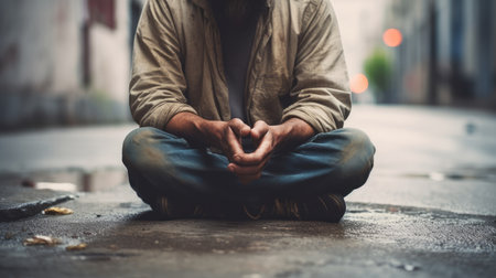 Homeless man sitting on the sidewalk with his hands together in the urban city environmentの写真素材