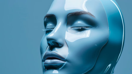 Beauty procedure, botox, plastic in human face on blue background, space for textの素材