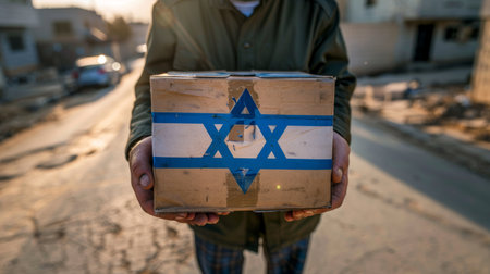 Volunteer holding box with humanitarian supplies, israeli flag, blurred background with sun flareの素材