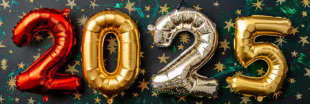 Futuristic flying balloons shaped as 2025  symbolizing new year and christmas conceptsの素材