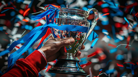 Triumphant hands hold trophy in confetti shower, celebrating victory without logos or textの素材