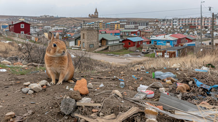 Curious bunny inspecting garbage, interacting with camera on blurred background, with text spaceの素材