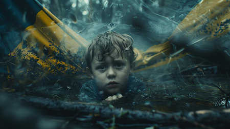 Emotional double exposure  sad child combined with ukrainian flag for impactful visual storytellingの素材