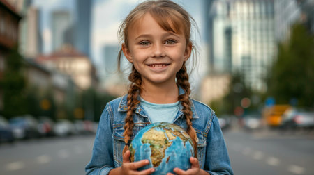 Happy child holding earth, ecology concept on white background for earth day celebrationの素材