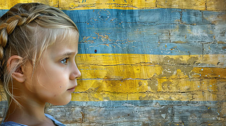 Double exposure art  ukrainian flag overlay with sad little child, conveying deep emotionの素材