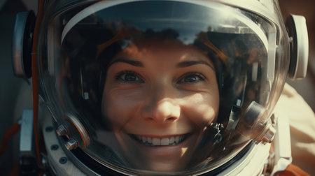 Close-up portrait of a young female astronaut in a spacesuit with her helmet on.の素材