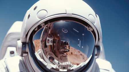 Astronaut helmet with the reflection of the planet Earth and stars in the visor.の素材