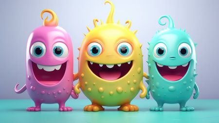 Three cute and colorful cartoon monsters with big eyes, perfect for kids storybooks.の素材