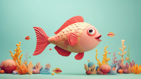 Cheerful cartoon fish mascot character with bubbles on blue background.の素材