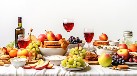 Fruits, Pastries, and Wine on Table by Window with White Wall and Curtain Background for the celebration of Jewish New Year Rosh Hashanah.の素材