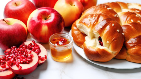 Freshly baked Challah bread, apples and pomegranate on white table for the celebration of Jewish New Year Rosh Hashanah.の素材