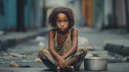 A young girl with a sad expression stands on a busy street. Her face is dirty, hair messy, wearing a ragged coat, holding a bowl. People walk by, unaware of her presence.の素材
