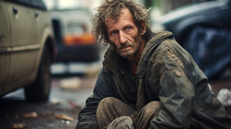 A close-up portrait of a homeless man with eyes and a long beard. He is looking at the camera with a sad expression. The background is blurry and out of focus.の素材