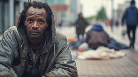 A close-up portrait of a homeless man with eyes and a long beard. He is looking at the camera with a sad expression. The background is blurry and out of focus.の素材