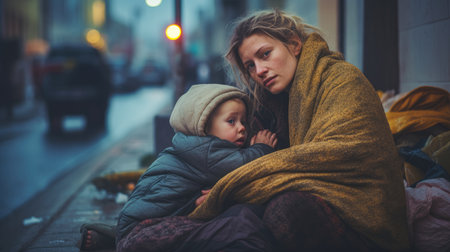 A homeless mother with her baby on a city street at night. The cold, dirty pavement. The baby looks sad and scared. The mother tries to protect them in a vulnerable situation.の素材
