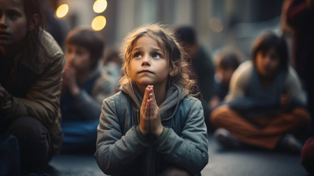 Young girl with blonde hair sitting in a peaceful lotus position on a busy city street, surrounded by blurred pedestrians, with her hands clasped in prayer and a contemplative expression on her face.の素材