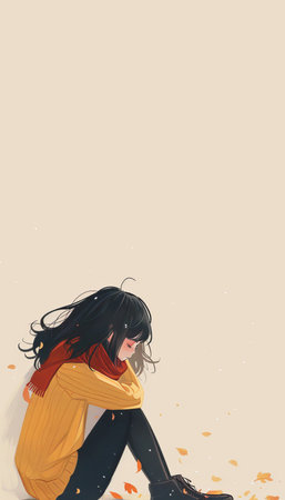 Minimalist ui illustration of a sad woman sitting with bright colors on a white backgroundの素材