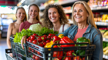 Happy women shopping in supermarket with blurred background, enjoying grocery shopping togetherの素材