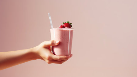 Hand holding a plastic cup filled with a vibrant pink milkshake topped with whipped cream and a pink straw, set against a soft pink background. The image is well-lit and features vivid colors.の素材