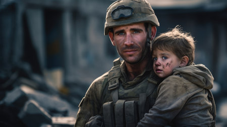 A soldier in full combat gear carries a young child through a war-torn village. The soldier is looking down at the child with a concerned expression. The child is crying and has a dirty face.の素材