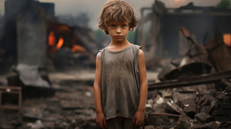 A boy in tattered clothes, with a dirty face, stands alone in the rubble of his home destroyed by an airstrike, showing fear and uncertainty as he faces homelessness and the absence of family support.の素材