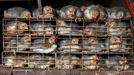 Detailed perspective of captive hens in enclosures on a rural agricultural farmsteadの素材