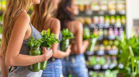 Happy women shopping together in grocery store with blurred background, enjoying a joyful dayの素材