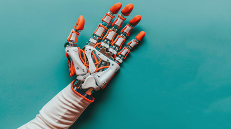 Prosthetic device displayed on a vivid blue background for striking visual impactの素材