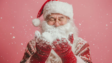 Santa claus blowing snow up close in festive pink setting for new year and christmas celebrationの素材