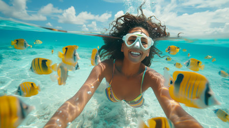 Cheerful female scuba diver with colorful tropical fish in crystal clear light blue ocean watersの素材