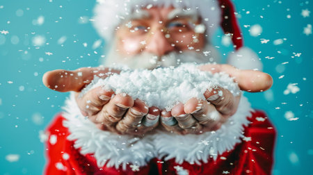 Santa claus blowing snow up close on blue background, festive holiday celebration conceptの素材