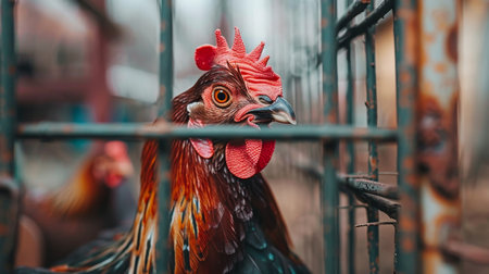 Confined hens in a rural farm setting, agriculture concept with caged poultry birdsの素材