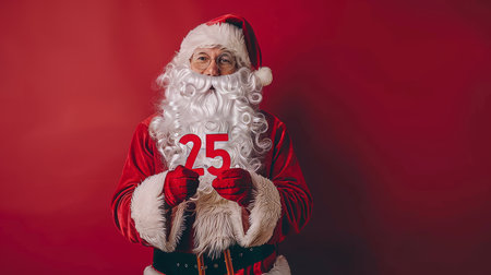 Cheerful santa claus holding 2025 number on red background, signifying new year and christmasの素材