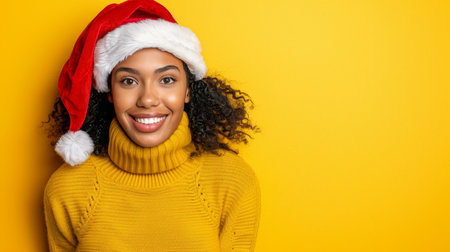Joyful african american woman in santa hat celebrating christmas and new year on yellow backgroundの素材