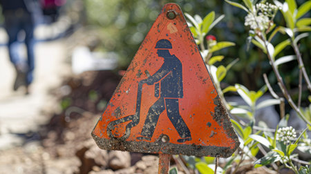 Construction warning sign in focus on bright summer day with blurred street backgroundの素材