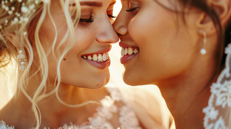 Close up view of happy lgbt couple marrying with blurred background, symbolic ceremonyの素材