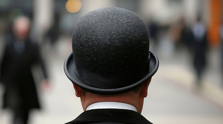Close up portrait of man in black suit and bowler hat  blurred background celebrating orangemen dayの素材
