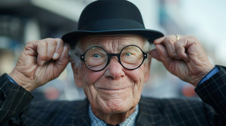 Senior man in black suit and bowler hat celebrates orangemen day, close up on blurred backgroundの素材