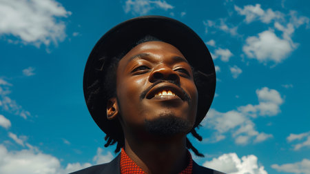 Smiling man in stylish black suit and bowler hat with orange collar against blue skyの素材