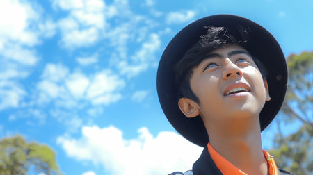 Smiling man in black suit and bowler hat with orange collarette against blue sky with white cloudsの素材