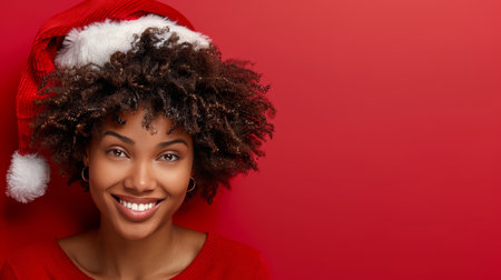 Joyful african american woman in santa s hat celebrating christmas on red backgroundの素材
