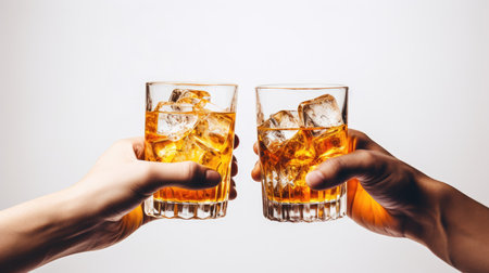 Celebration with Cheers Two Hands Clinking Glasses of Whiskey in Luxurious Setting.の素材