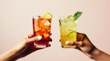 Two hands clinking glasses with cocktails on white background for joyful celebration.の素材