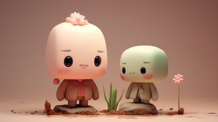 Two cute cartoon characters standing on sandy surface with small plant between themの素材